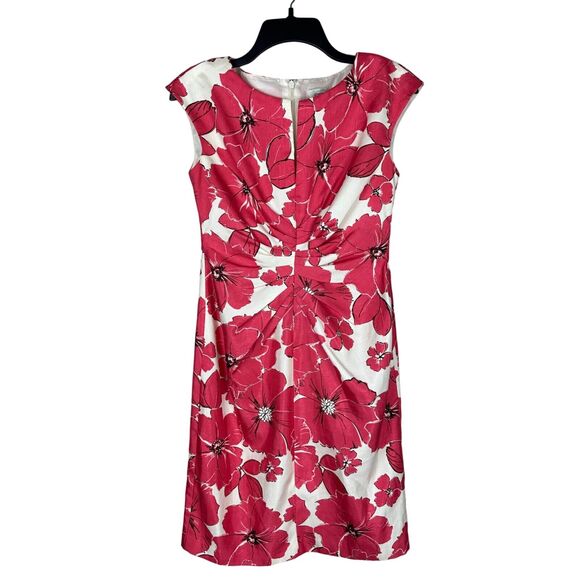 DressBarn Floral‎ Pink White Rouched Cap Sleeve Slimming Sheath Dress Size 4 - Picture 1 of 6